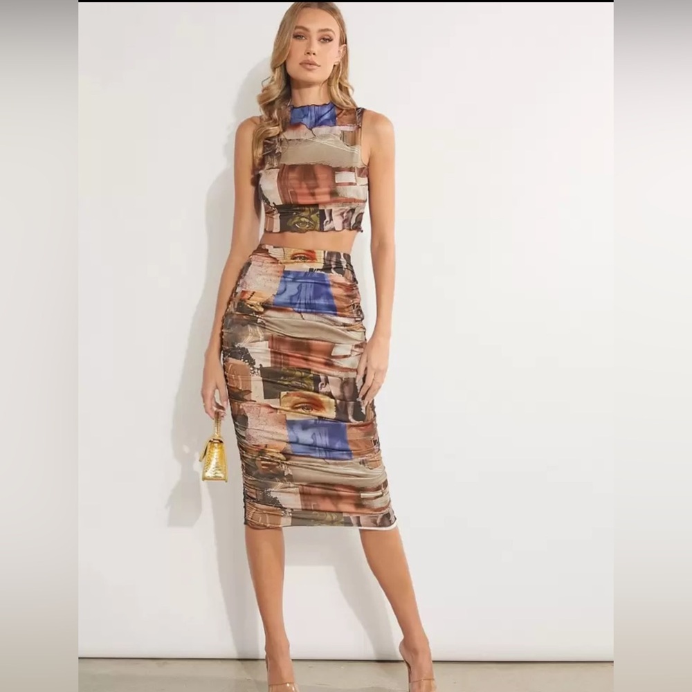 SHEIN Brown and Cream Midi Pencil Skirt Set